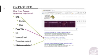 44
How does Google
determine relevance?
ON PAGE SEO
• URL
• Domain
• Slug
• Page Title
• H1
• Image alt text
• The actual content
• “Meta description”
 