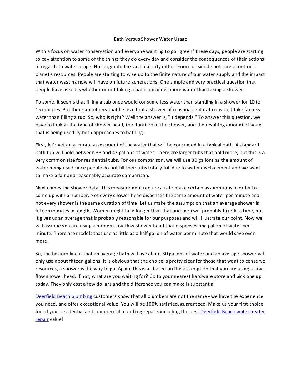 Bath versus shower water usage