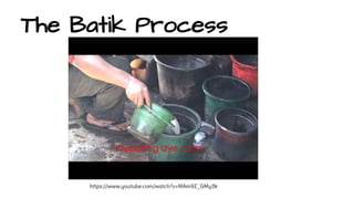 The Batik Process 
https://www.youtube.com/watch?v=MAm9Z_GMy3k 
 