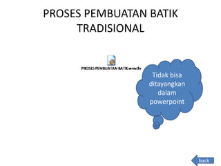 PROSES PEMBUATAN BATIK
TRADISIONAL
back
Tidak bisa
ditayangkan
dalam
powerpoint
 