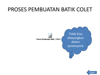 PROSES PEMBUATAN BATIK COLET
back
Tidak bisa
ditayangkan
dalam
powerpoint
 