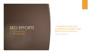 SEO EFFORTS
1. On-Page SEO
2. Off-Page SEO
“CONTENT IS KING, BUT
MARKETING IS QUEEN, AND
RUNS THE HOUSEHOLD”
-GARY VAYNERCHUK-
 