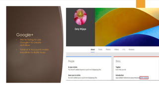 Google+
• We’re trying to use
Google+ to create
doFollow
• Total of 4 Accounts make
backlinks to Batik Nusa
 