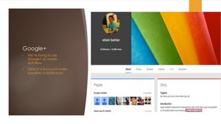 Google+
• We’re trying to use
Google+ to create
doFollow
• Total of 4 Accounts make
backlinks to Batik Nusa
 