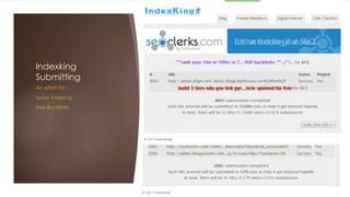 Indexking
Submitting
An effort for :
faster indexing
free Backlinks
 