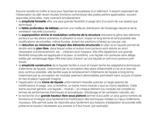 Aucune recette ne s’offre à nous pour favoriser la souplesse d’un bâtiment. Il ressort cependant de
l’observation du bâti récent (toutes fonctions confondues) des pistes parfois applicables, souvent
associées entre elles, mais rarement simultanément:
• la simplicité formelle offre une plus grande ﬂexibilité d’usage tant d’un point de vue spatial que
technique(…)
• la faible profondeur de bâtisse permet une meilleure distribution de l’éclairage naturel et de la
ventilation naturelle (ouvrants)
• la superposition stricte et modulation uniforme de la structure réduisent la gêne des éléments
porteurs sur les divers scénarios d’utilisation à court, moyen et long terme et rend possible des
modiﬁcations structurelles, même lourdes, évitant les solutions (chères) au cas par cas
• la réduction au minimum de l’impact des éléments structurels en plan et en façade permet de
tendre vers le plan libre, dans lequel voiles et autres murs porteurs sont réduits au strict
nécessaire (contreventement, etc…) libérant ainsi l’espace. Elle offre également une grande
ﬂexibilité lorsqu’elle est appliquée à la peau: à l’extrême, une façade non porteuse sans allège
traitée par remplissage léger offre bien plus d’avenir qu’une façade en pré-murs porteurs pré-
troués.
• la simplicité constructive de la façade facilite à court et moyen terme les adaptations techniques
d’éléments de façade, notamment par la conception des plans d’étanchéité à l’air et à l’eau les
plus continus possible: elle facilité aussi le remplacement d’éléments de façade à long terme,
notamment par la conception de modules aisément démontables permettant sans couture d’insérer
en lieu et place l’upgrade imaginé.
• l’application d’une trame de façade uniformément modulée autorise un large spectre de
modiﬁcations d’usage, soit, à l’extrême, un trame mono-module o tout au moins répétitive. Cette
trame pourrait générer une façade « modulo » où chaque élément (ou module) est complet en
termes de performances thermiques et acoustiques, d’éclairage et de ventilation naturels, etc…
• la recherche d’un grande hauteur libre sous plafond permet d’accueillir un plus grand nombre de
fonctions et d’intégrer plus facilement la modiﬁcation des techniques initiales ou l’ajout d’éléments
nouveaux. Elle permet aussi de répondre plus facilement aux besoins d’adaptation structurelle (elle
préserve la hauteur nécessaire aux poutres si il faut trouer, par exemple)
 