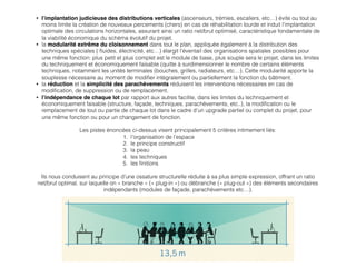 • l’implantation judicieuse des distributions verticales (ascenseurs, trémies, escaliers, etc…) évite ou tout au
moins limite la création de nouveaux percements (chers) en cas de réhabilitation lourde et induit l’implantation
optimale des circulations horizontales, assurant ainsi un ratio net/brut optimisé, caractéristique fondamentale de
la viabilité économique du schéma évolutif du projet.
• la modularité extrême du cloisonnement dans tout le plan, appliquée également à la distribution des
techniques spéciales ( ﬂuides, électricité, etc…) élargit l’éventail des organisations spatiales possibles pour
une même fonction: plus petit et plus complet est le module de base, plus souple sera le projet, dans les limites
du techniquement et économiquement faisable (quitte à surdimensionner le nombre de certains éléments
techniques, notamment les unités terminales (bouches, grilles, radiateurs, etc…). Cette modularité apporte la
souplesse nécessaire au moment de modiﬁer intégralement ou partiellement la fonction du bâtiment.
• la réduction et la simplicité des parachèvements réduisent les interventions nécessaires en cas de
modiﬁcation, de suppression ou de remplacement.
• l’indépendance de chaque lot par rapport aux autres facilite, dans les limites du techniquement et
économiquement faisable (structure, façade, techniques, parachèvements, etc..), la modiﬁcation ou le
remplacement de tout ou partie de chaque lot dans le cadre d’un upgrade partiel ou complet du projet, pour
une même fonction ou pour un changement de fonction.
Les pistes énoncées ci-dessus visent principalement 5 critères intimement liés:
1. l’organisation de l’espace
2. le principe constructif
3. la peau
4. les techniques
5. les ﬁnitions
Ils nous conduisent au principe d’une ossature structurelle réduite à sa plus simple expression, offrant un ratio
net/brut optimal, sur laquelle on « branche » (« plug-in ») ou débranche (« plug-out ») des éléments secondaires
indépendants (modules de façade, parachèvements etc…).
 