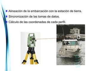 Alineación de la embarcación con la estación de tierra.
Sincronización de las tomas de datos.
Cálculo de las coordenadas de cada perfil.
 