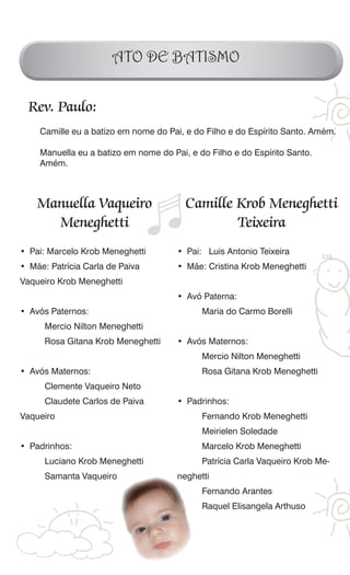ATO DE BATISMO


  Rev. Paulo:
    Camille eu a batizo em nome do Pai, e do Filho e do Espírito Santo. Amém.

    Manuella eu a batizo em nome do Pai, e do Filho e do Espírito Santo.
    Amém.



    Manuella Vaqueiro                   Camille Krob Meneghetti
      Meneghetti                                Teixeira
• Pai: Marcelo Krob Meneghetti        • Pai: Luis Antonio Teixeira
• Mãe: Patrícia Carla de Paiva        • Mãe: Cristina Krob Meneghetti
Vaqueiro Krob Meneghetti
                                      • Avó Paterna:
• Avós Paternos:                            Maria do Carmo Borelli
      Mercio Nilton Meneghetti
      Rosa Gitana Krob Meneghetti     • Avós Maternos:
                                            Mercio Nilton Meneghetti
• Avós Maternos:                            Rosa Gitana Krob Meneghetti
      Clemente Vaqueiro Neto
      Claudete Carlos de Paiva        • Padrinhos:
Vaqueiro                                    Fernando Krob Meneghetti
                                            Meirielen Soledade
• Padrinhos:                                Marcelo Krob Meneghetti
      Luciano Krob Meneghetti               Patrícia Carla Vaqueiro Krob Me-
      Samanta Vaqueiro                neghetti
                                            Fernando Arantes
                                            Raquel Elisangela Arthuso
 