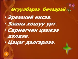 Өгүүлбэрээ бичээрэй.
• Эрвээхий нисэв.
• Зааны хошуу урт.
• Сармагчин цээжээ
  дэлдэв.
• Цэцэг дэлгэрлээ.

               
 