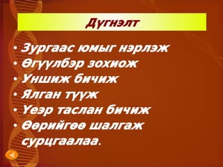 Дүгнэлт

•   Зургаас юмыг нэрлэж
•   Өгүүлбэр зохиож
•   Уншиж бичиж
•   Ялган түүж
•   Үеэр таслан бичиж
•   Өөрийгөө шалгаж
    сурцгаалаа.
                
 