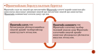 Франчайзын борлуулалтын бүртгэл
Франчайз гэдэг нь онцгой эрх өмчлөгчийн /Франчайз олгогч/ нэрийг ашиглан үйл
ажиллагаа явуулахыг зөвшөөрч онцгой эрх өмчлөгчөөс онцгой эрх ашиглагчид
/Франчайз эзэмшигчид/ олгосон давуу эрх юм.
Франчайз олгоч гэж
бүтээгдэхүүн үйлчилгээнийхээ
онцгой эрхийг төлбөртэйгээр
ашиглуулагч этгээд юм.
Франчайз эзэмшигч гэж
Франчайз олгогчид төлбөр
төлсний үндсэн дээр Франчайз
олгогчийн онцгой эрхийг
ашиглан үйлдвэрлэл үйлчилгээ
явуулах этгээд юм.
 