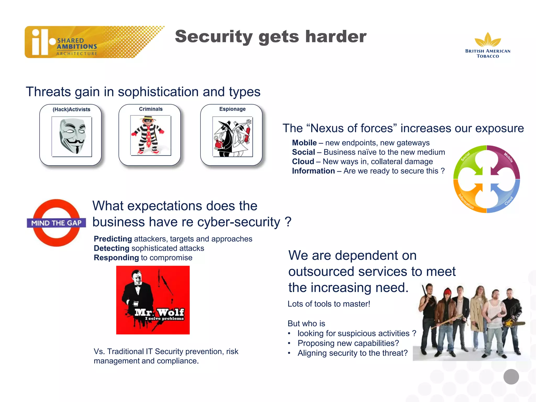 Security gets harder 
Threats gain in sophistication and types 
The “Nexus of forces” increases our exposure 
What expectations does the business have re cyber-security ? 
Mobile – new endpoints, new gateways 
Social – Business naïve to the new medium 
Cloud – New ways in, collateral damage 
Information – Are we ready to secure this ? 
Predicting attackers, targets and approaches Detecting sophisticated attacks Responding to compromise Vs. Traditional IT Security prevention, risk management and compliance. 
We are dependent on outsourced services to meet the increasing need. 
Lots of tools to master! But who is 
•looking for suspicious activities ? 
•Proposing new capabilities? 
•Aligning security to the threat?  
