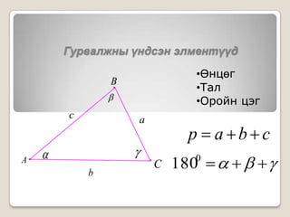 Гурвалжны үндсэн элментүүд

                               •Өнцөг
                B
                               •Тал
                              •Оройн цэг
        c           a
                              p  abc
                   
A
            b
                        C   180      
                               0
 