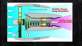 Prinsip Kerja
Untuk gaya dorong (thrust) pesawat yang dihasilkan oleh
pembakaran,sebenarnya hanya 15%-25% saja. Gaya dorong pesawat
yang terbesar justru pada KIPAS (blade) atau LPC sebesar 75-85% yang
digerak oleh LPT (seperti dijelaskan diatas). Karena itu Fan/blade/LPT
dibungkus oleh casting,sehingga aliran udara (airflow) lebih terpusat
mengalir kebelakang. Itulah alasan mengapaTurbofan lebih hemat
bahan bakar dibanding dengan jenis lainnya. Dan pada saat engine
berada kondisi HIGH SPEED,turbofan HANYA membutuhkan sedikit
penambahan throttle untuk dapat menghasilkan thrust yang besar.
 