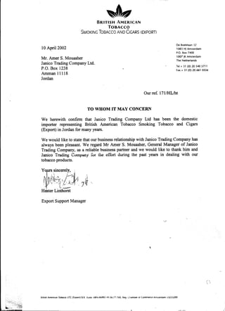 British American Tobacco (B.A.T) Letter Of Recomendation