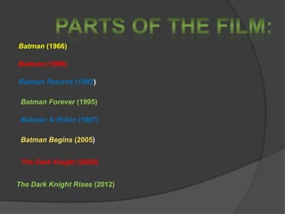 Batman (1966)
Batman (1989)
Batman Returns (1992)
Batman Forever (1995)
Batman & Robin (1997)
Batman Begins (2005)
The Dark Knight (2008)
The Dark Knight Rises (2012)
 