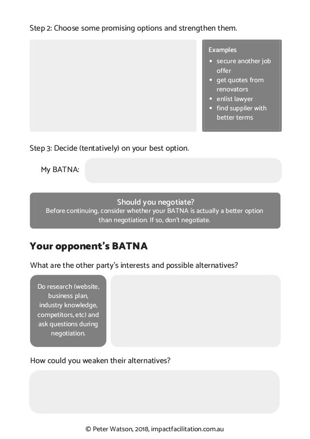 Worksheet Using BATNA In A Negotiation