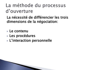 La nécessité de différencier les trois
dimensions de la négociation:
 Le contenu
 Les procédures
 L’interaction personnelle
 