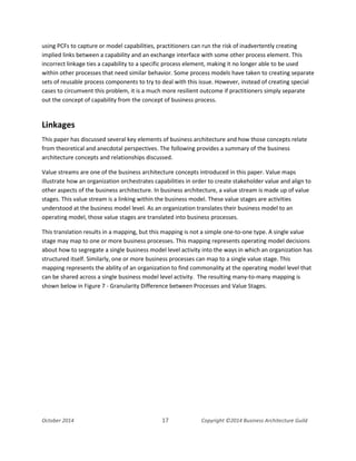 Business Architecture and BPM - Differentiation and Reconciliation
using PCFs to capture or model capabilities, practitioners can run the risk of inadvertently creating
implied links between a capability and an exchange interface with some other process element. This
incorrect linkage ties a capability to a specific process element, making it no longer able to be used
within other processes that need similar behavior. Some process models have taken to creating separate
sets of reusable process components to try to deal with this issue. However, instead of creating special
cases to circumvent this problem, it is a much more resilient outcome if practitioners simply separate
out the concept of capability from the concept of business process.
Linkages
This paper has discussed several key elements of business architecture and how those concepts relate
from theoretical and anecdotal perspectives. The following provides a summary of the business
architecture concepts and relationships discussed.
Value streams are one of the business architecture concepts introduced in this paper. Value maps
illustrate how an organization orchestrates capabilities in order to create stakeholder value and align to
other aspects of the business architecture. In business architecture, a value stream is made up of value
stages. This value stream is a linking within the business model. These value stages are activities
understood at the business model level. As an organization translates their business model to an
operating model, those value stages are translated into business processes.
This translation results in a mapping, but this mapping is not a simple one-to-one type. A single value
stage may map to one or more business processes. This mapping represents operating model decisions
about how to segregate a single business model level activity into the ways in which an organization has
structured itself. Similarly, one or more business processes can map to a single value stage. This
mapping represents the ability of an organization to find commonality at the operating model level that
can be shared across a single business model level activity. The resulting many-to-many mapping is
shown below in Figure 7 - Granularity Difference between Processes and Value Stages.
October 2014 17 Copyright ©2014 Business Architecture Guild
 