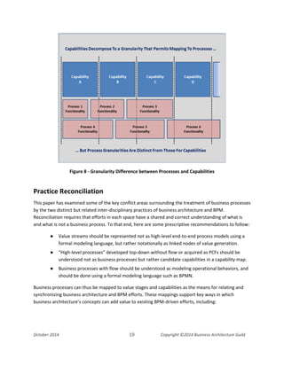 Business Architecture and BPM - Differentiation and Reconciliation
Figure 8 - Granularity Difference between Processes and Capabilities
Practice Reconciliation
This paper has examined some of the key conflict areas surrounding the treatment of business processes
by the two distinct but related inter-disciplinary practices of business architecture and BPM.
Reconciliation requires that efforts in each space have a shared and correct understanding of what is
and what is not a business process. To that end, here are some prescriptive recommendations to follow:
● Value streams should be represented not as high-level end-to-end process models using a
formal modeling language, but rather notationally as linked nodes of value generation.
● “High-level processes” developed top-down without flow or acquired as PCFs should be
understood not as business processes but rather candidate capabilities in a capability map.
● Business processes with flow should be understood as modeling operational behaviors, and
should be done using a formal modeling language such as BPMN.
Business processes can thus be mapped to value stages and capabilities as the means for relating and
synchronizing business architecture and BPM efforts. These mappings support key ways in which
business architecture’s concepts can add value to existing BPM-driven efforts, including:
October 2014 19 Copyright ©2014 Business Architecture Guild
 