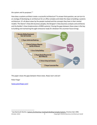 Business Architecture and BPM - Differentiation and Reconciliation
the system and its purposes.”1
How does a systems architect create a successful architecture? To answer that question, we can turn to
an analogy of developing an architecture for an office complex and relate the steps to building a systems
architecture. It’s all about views by the people involved and the concepts they have in their mental
models: The Owner’s View (the business people), the Designer’s View (business analysts and architects)
and the Builder’s View (implementers of BPM systems). Closing the gaps between these views is the key
to building and maintaining the agile enterprise ready for whatever the uncertain future brings.
This paper closes the gaps between these views. Read, learn and act!
Peter Fingar
(www.peterfingar.com)
1
See Eberhardt Rechtin, Systems Architecting: Creating & Building Complex Systems, Prentice Hall, 1990.
October 2014 3 Copyright ©2014 Business Architecture Guild
 