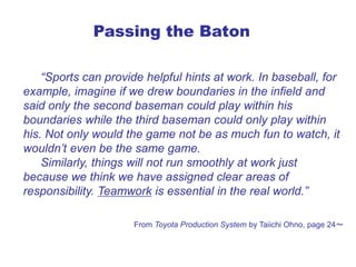 Passing the Baton

    “Sports can provide helpful hints at work. In baseball, for
example, imagine if we drew boundaries in the infield and
said only the second baseman could play within his
boundaries while the third baseman could only play within
his. Not only would the game not be as much fun to watch, it
wouldn’t even be the same game.
    Similarly, things will not run smoothly at work just
because we think we have assigned clear areas of
responsibility. Teamwork is essential in the real world.”

                      From Toyota Production System by Taiichi Ohno, page 24～
 