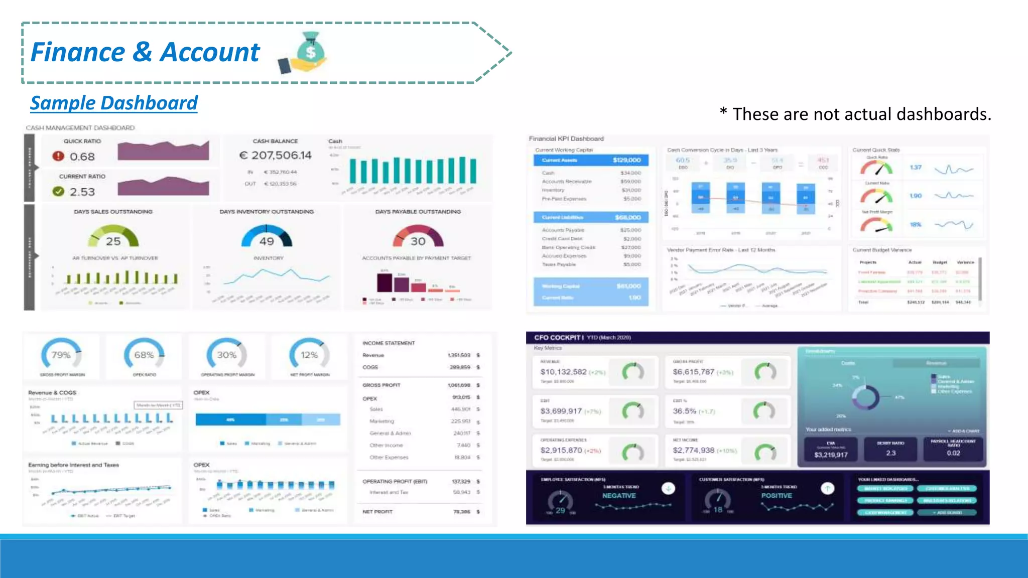 Finance & Account
Sample Dashboard * These are not actual dashboards.
 