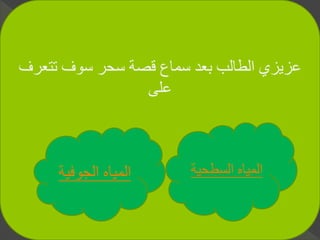 ‫تتع‬ ‫سوف‬ ‫سحر‬ ‫قصة‬ ‫سماع‬ ‫بعد‬ ‫الطالب‬ ‫عزيزي‬‫رف‬
‫على‬
‫السطحي‬ ‫المياه‬‫ة‬‫الجوفي‬ ‫المياه‬‫ة‬
 