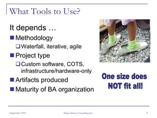 What Tools to Use?
It depends …
     Methodology
         Waterfall, iterative, agile
     Project type
         Custom software, COTS,
         infrastructure/hardware-only
     Artifacts produced
     Maturity of BA organization


September 2010              Marie Halsey Consulting Inc.   5
 