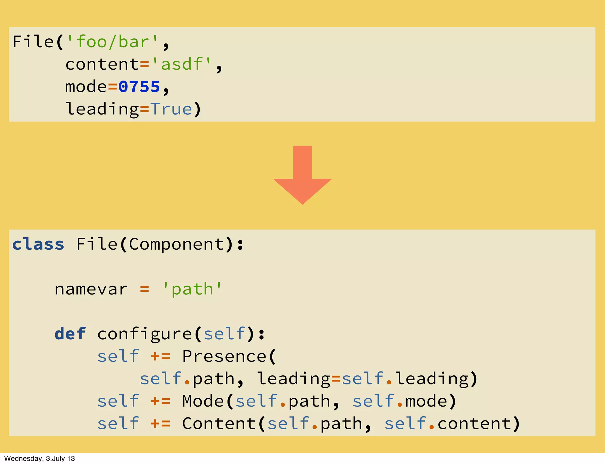 class File(Component):
namevar = 'path'
def configure(self):
self += Presence(
self.path, leading=self.leading)
self += Mode(self.path, self.mode)
self += Content(self.path, self.content)
File('foo/bar',
content='asdf',
mode=0755,
leading=True)
Wednesday, 3.July 13
 