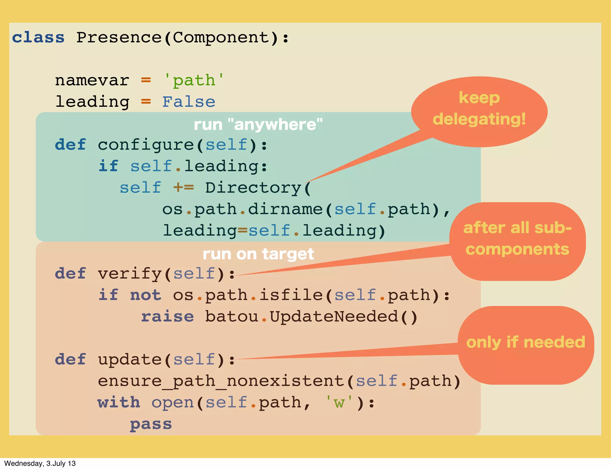 class Presence(Component):
namevar = 'path'
leading = False
def configure(self):
if self.leading:
self += Directory(
os.path.dirname(self.path),
leading=self.leading)
def verify(self):
if not os.path.isfile(self.path):
raise batou.UpdateNeeded()
def update(self):
ensure_path_nonexistent(self.path)
with open(self.path, 'w'):
pass
run on target
only if needed
run "anywhere"
after all sub-
components
keep
delegating!
Wednesday, 3.July 13
 