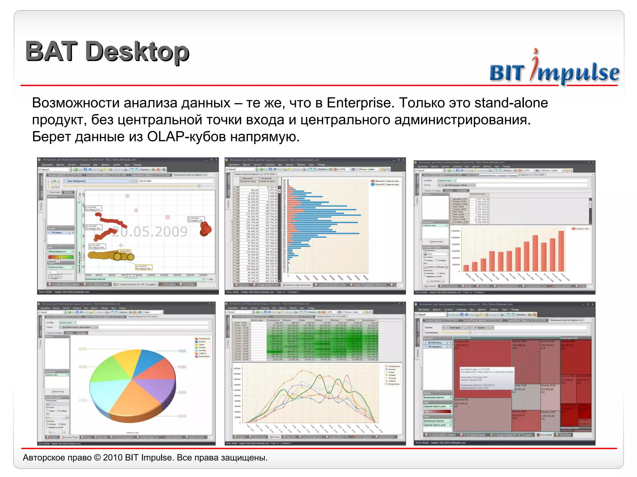 BAT Desktop Возможности анализа данных – те же, что в  Enterprise.  Только это  stand-alone  продукт, без центральной точки входа и центрального администрирования. Берет данные из  OLAP -кубов напрямую. 