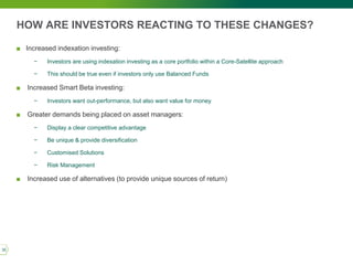 HOW ARE INVESTORS REACTING TO THESE CHANGES?
■ Increased indexation investing:
− Investors are using indexation investing as a core portfolio within a Core-Satellite approach
− This should be true even if investors only use Balanced Funds
■ Increased Smart Beta investing:
− Investors want out-performance, but also want value for money
■ Greater demands being placed on asset managers:
− Display a clear competitive advantage
− Be unique & provide diversification
− Customised Solutions
− Risk Management
■ Increased use of alternatives (to provide unique sources of return)
35
 