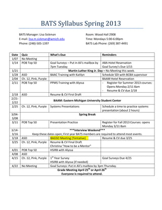 BATS Syllabus Spring 2013
        BATS Manager: Lisa Sickman                          Room: Wood Hall 2908
        E-mail: lisa.m.sickman@wmich.edu                    Time: Mondays 5:00-6:00pm
        Phone: (248)-505-1397                               BATS Lab Phone: (269) 387-4491


Date     Quiz                   What’s Due                             Reminders
1/07     No Meeting
1/14     POB Top 50             Goal Surveys – Put in Ali’s mailbox by ABA Hotel Reservation
                                7pm Tuesday                             Goal Survey’s Due 1/15
1/21                                          Martin Luther King Jr. Day – No Meeting this week.
1/28     ASO                    BAAC Training with Kaitlyn              Schedule SDI with BCBA supervisor
2/04     Ch. 12, Pink, Purple                                           BAAM Hotel Reservation
2/11     POB Top 50             PPMS Training with Alyssa               - Register for Summer 2013 courses:
                                                                            Opens Monday 2/11 8am
                                                                        - Resume & CV due 2/18
2/18     ASO                    Resume & CV First Draft
2/21-
                                  BAAM: Eastern Michigan University Student Center
2/22
2/25     Ch. 12, Pink, Purple   Systems Presentations                  Schedule a time to practice systems
                                                                       presentation (about 2 hours)
3/04-                                                   Spring Break
3/08
3/11     POB Top 50             Presentation Practice                   Register for Fall 2013 Courses: opens
                                                                        Monday 3/11 8am
3/14-                                          ***Interview Weekend***
3/16              Keep these dates open; First year BATS members are required to attend most events.
3/18     ASO                   BAGSO Meeting (Tentative)                Resume & CV due 3/25
3/25     Ch. 12, Pink, Purple Resume & CV Final Draft
                               Christina “How to be a Mentor”
4/01     POB Top 50            HSIRB with Alyssa
4/08     ASO
4/15     Ch. 12, Pink, Purple 1st Year Survey                           Goal Surveys Due 4/25
                               HSIRB with Alyssa (if needed)
4/22     No Meeting            Goal Surveys: Put in Ali’s mailbox by 3pm Thursday.
                                     Grade Meeting April 25th or April 26th
                                        Everyone is required to attend.
 