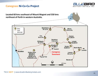 Canegrass Ni-Co-Cu Project
11
Located 60 kms southeast of Mount Magnet and 550 kms
northeast of Perth in western Australia.
Canegrass
Tenement
Western
Australia
 