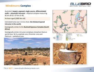 Windimurra Complex
12
Australia’s largest, exposed, single source, differentiated
mafic – ultramafic intrusion - elliptical complex measuring
85 km (N-S) x 37 km (E-W)
Archean aged (2800 Ma old)
Estimated to be over 11 kms thick: the thickest layered
intrusive in the world;
Geologically similar to the Bushveld Igneous Complex (South
Africa)
Geologically similar intrusive complexes elsewhere feature
world class: Ni-Cu sulphide ores; Chromite ores and
Platinum – palladium ores.
 