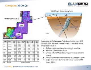 Canegrass Ni-Co-Cu
14
CG039
CG02
VTEM Target Map (2017)
Target Hole ID From To Interval Ni Co Cu
(m) (m) (m) (%) (%) (%)
CG02 CPDD001 222.44 223.00 0.56 0.33 0.05 0.47
224.00 225.21 1.21 0.29 0.04 0.55
CG02 CPDD002 219.00 220.50 1.50 0.49 0.07 0.24
221.40 223.00 1.60 0.65 0.08 0.51
CG039 CPDD003 234.00 234.67 0.67 1.52 0.13 1.33
250.00 252.29 1.29 0.30 0.03 0.96
CG02 CPRC001 153.00 155.00 2.00 0.18 0.04 0.33
CG02 CPRC002 198.00 201.00 3.00 0.06 0.01 0.71
CG039 CPRC003 27.00 28.00 1.00 0.49 0.10 0.33
CG039 CPRC004 104.00 117.00 13.00 0.91 0.08 0.58
including 112.00 116.00 4.00 1.23 0.10 0.69
CG039 CPRC005 152.00 156.00 4.00 0.59 0.08 0.46
CG02 CPRC006 102.00 104.00 2.00 0.48 0.10 0.11
CG02 CPRC007 No significant results
Exploration at the Canegrass Project was limited from 2010
through 2015. Historical exploration work completed during
this period included:
 Surface mapping and geochemical rock sampling;
 Airborne VTEM survey (2013);
 Ground EM and Magnetic surveys over select airborne
targets;
 Two (2) diamond drill holes testing an EM target (2014)
 Six (6) RC and one diamond drill hole at a second EM
target (2014).
CG039 Target – Section Looking North
 