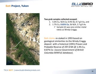 Batt Project, Yukon
18
Two grab samples collected assayed:
1. 5.6% Cu, N/A Co, 0.4% Sb, 0.7 g/t Au, and
2. 1.7% Cu, 0.65% Co, Sb N/A, 2.7 g/t Au
 Sample (2) was very similar metal
ratios as Windy Craggy.
Batt claims re-staked in 1993 based on
geological similarities to the Windy Craggy
deposit with a historical (1991) Proven and
Probable Reserve of 297.0 Mt @ 1.4% Cu,
0.07% Co (source Government of British
Columbia MINFILE database).
Batt Claims
 