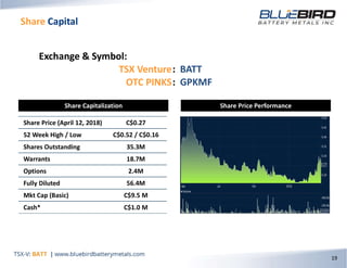 Share Capital
19
Exchange & Symbol:
TSX Venture: BATT
OTC PINKS: GPKMF
Share Capitalization
Share Price (April 12, 2018) C$0.27
52 Week High / Low C$0.52 / C$0.16
Shares Outstanding 35.3M
Warrants 18.7M
Options 2.4M
Fully Diluted 56.4M
Mkt Cap (Basic) C$9.5 M
Cash* C$1.0 M
Share Price Performance
 