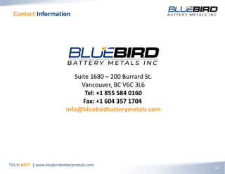 Contact Information
20
Suite 1680 – 200 Burrard St.
Vancouver, BC V6C 3L6
Tel: +1 855 584 0160
Fax: +1 604 357 1704
info@bluebirdbatterymetals.com
 