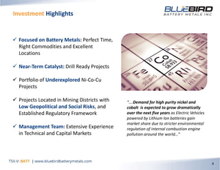 Investment Highlights
4
“….Demand for high purity nickel and
cobalt is expected to grow dramatically
over the next five years as Electric Vehicles
powered by Lithium Ion batteries gain
market share due to stricter environmental
regulation of internal combustion engine
pollution around the world…”
 Focused on Battery Metals: Perfect Time,
Right Commodities and Excellent
Locations
 Near-Term Catalyst: Drill Ready Projects
 Portfolio of Underexplored Ni-Co-Cu
Projects
 Projects Located in Mining Districts with
Low Geopolitical and Social Risks, and
Established Regulatory Framework
 Management Team: Extensive Experience
in Technical and Capital Markets
 