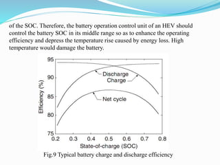 of the SOC. Therefore, the battery operation control unit of an HEV should
control the battery SOC in its middle range so as to enhance the operating
efficiency and depress the temperature rise caused by energy loss. High
temperature would damage the battery.
Fig.9 Typical battery charge and discharge efficiency
 