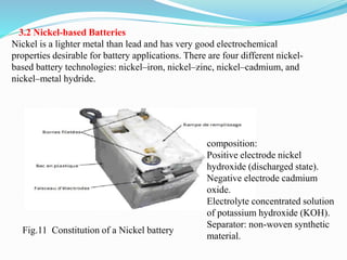 3.2 Nickel-based Batteries
Nickel is a lighter metal than lead and has very good electrochemical
properties desirable for battery applications. There are four different nickel-
based battery technologies: nickel–iron, nickel–zinc, nickel–cadmium, and
nickel–metal hydride.
composition:
Positive electrode nickel
hydroxide (discharged state).
Negative electrode cadmium
oxide.
Electrolyte concentrated solution
of potassium hydroxide (KOH).
Separator: non-woven synthetic
material.
Fig.11 Constitution of a Nickel battery
 