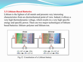 3.3 Lithium-Based Batteries
Lithium is the lightest of all metals and presents very interesting
characteristics from an electrochemical point of view. Indeed, it allows a
very high thermodynamic voltage, which results in a very high specific
energy and specific power. There are two major technologies of lithium-
based batteries: lithium–polymer and lithium-ion.
Fig.12 Constitution of a Lithium battery
 