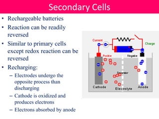 • Rechargeable batteries
• Reaction can be readily
reversed
• Similar to primary cells
except redox reaction can be
reversed
• Recharging:
– Electrodes undergo the
opposite process than
discharging
– Cathode is oxidized and
produces electrons
– Electrons absorbed by anode
Secondary Cells
 