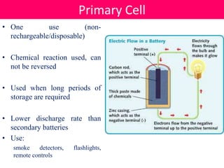 • One use (non-
rechargeable/disposable)
• Chemical reaction used, can
not be reversed
• Used when long periods of
storage are required
• Lower discharge rate than
secondary batteries
• Use:
smoke detectors, flashlights,
remote controls
Primary Cell
 