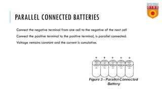PARALLEL CONNECTED BATTERIES
Connect the negative terminal from one cell to the negative of the next cell
Connect the positive terminal to the positive terminal, is parallel connected.
Voltage remains constant and the current is cumulative.
 