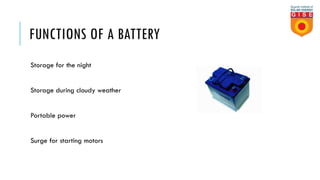 FUNCTIONS OF A BATTERY
Storage for the night
Storage during cloudy weather
Portable power
Surge for starting motors
 
