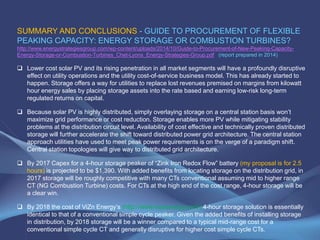 In Israel, the potential transaction volume of the battery storage proposal
Investment Assumptions; - preliminary figures to be tested in a market research, as prices fall
consistently.
 Cost of Storage Batteries today is estimated at $200 to $250 Kwh with a price slide which
is expected to be around $100 to $160 in 3 to 8 years. The batteries charge discharge
economic viability of presently installed batteries will end in 10 to 15 years.
 To enable the proper leveling off, of peak electrical demand a capacity of around 2.5 hours
is needed @ a discharge rate of around 30% which will cover 6 to 7 hours. A partial
recharging possibility of the batteries, would be at the lowest rate of electrical power.
 Depending on the shape of the load, of a municipal or cooperative utility, it may be
possible to use a less costly 2 or 3 hour storage solution. To summarize our 2016
comparison, it will require a high degree of selectivity, but storage economics can be much
better than some conventional NG Turbines even at 2016 projected storage costs.
 Therefore, investment cost in batteries would be $450 - $700 per kw of solar panels
 Installation and engineering cost are $160/kw+$90/kw = $250/kw as the DC/AC
inverters are already installed within the solar panel (PV) farms.
 Total cost of “PV + batteries” is $700-$950 per kw or $700K - $950K per MW, cost of land
not included. The present investment cost is 30% - 40% cheaper than the cost of combined
cycle NG turbine. Maintenance of PV +batteries us substantial cheaper than the cost of NG
 
